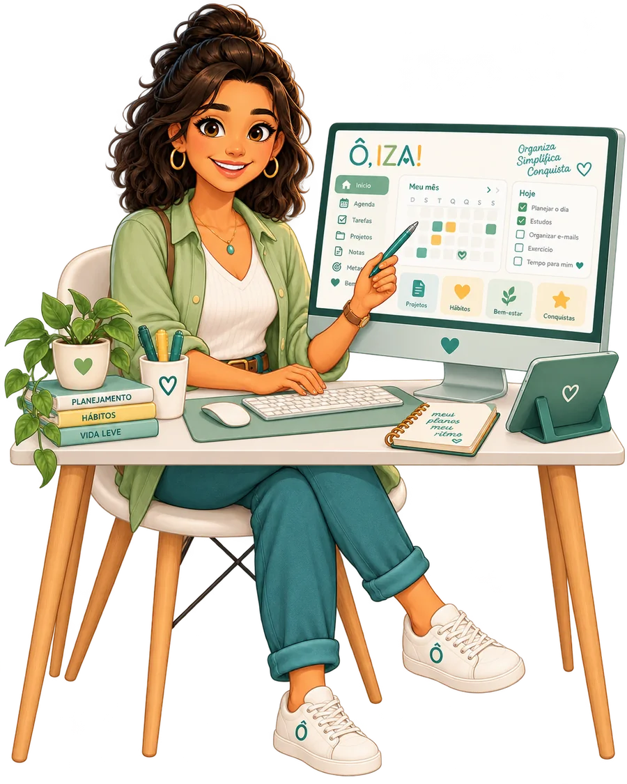 Iza diante de um computador, organizando informações.